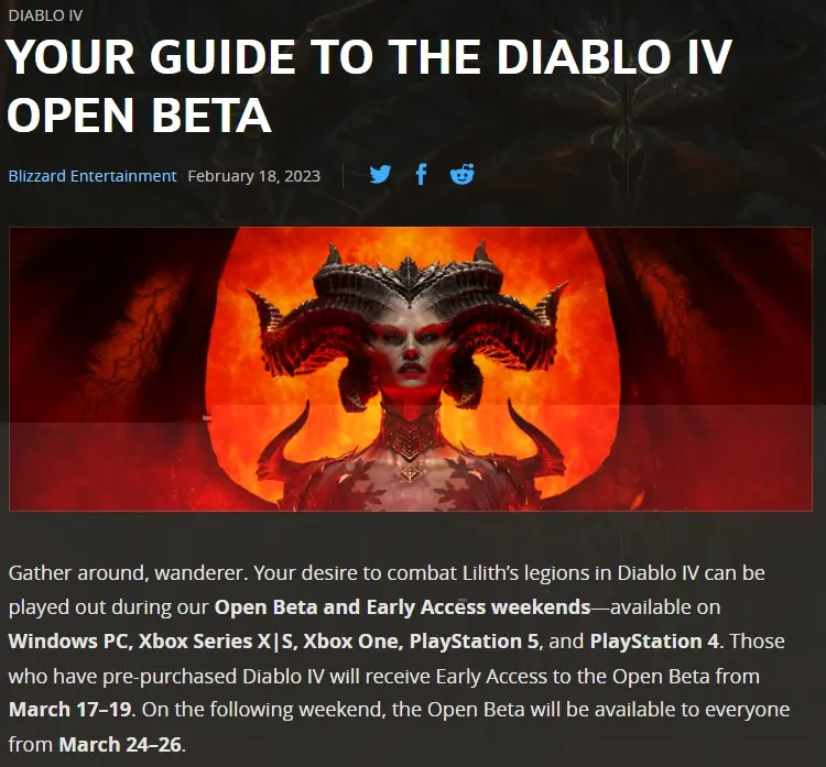 Diablo IV open beta announcement article snippet
