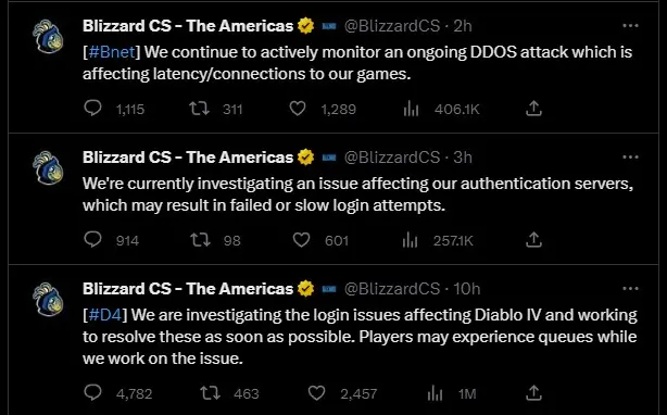 Blizzard Customer Service Twitter feed responding to DDoS Attack